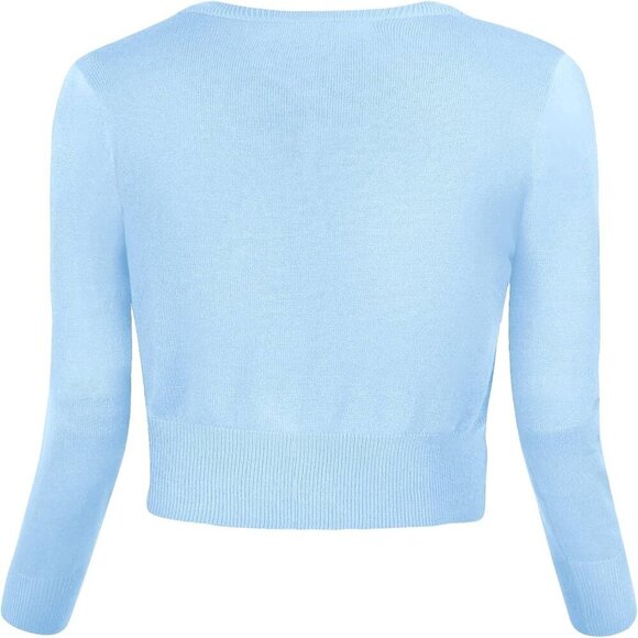❤️Women's Blue Cropped  Cardigan V-Neck Button Down Knitted Sweater Sleeve - Picture 3 of 6